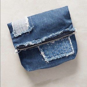 Anthropologie Handbag CLOTH & STONE Pouch PATCHWORK DENIM Zipper Frayed NWT